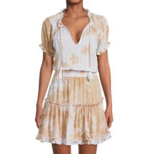 Tie-Dye Ruffle V-Neck Short Dress in Beige White